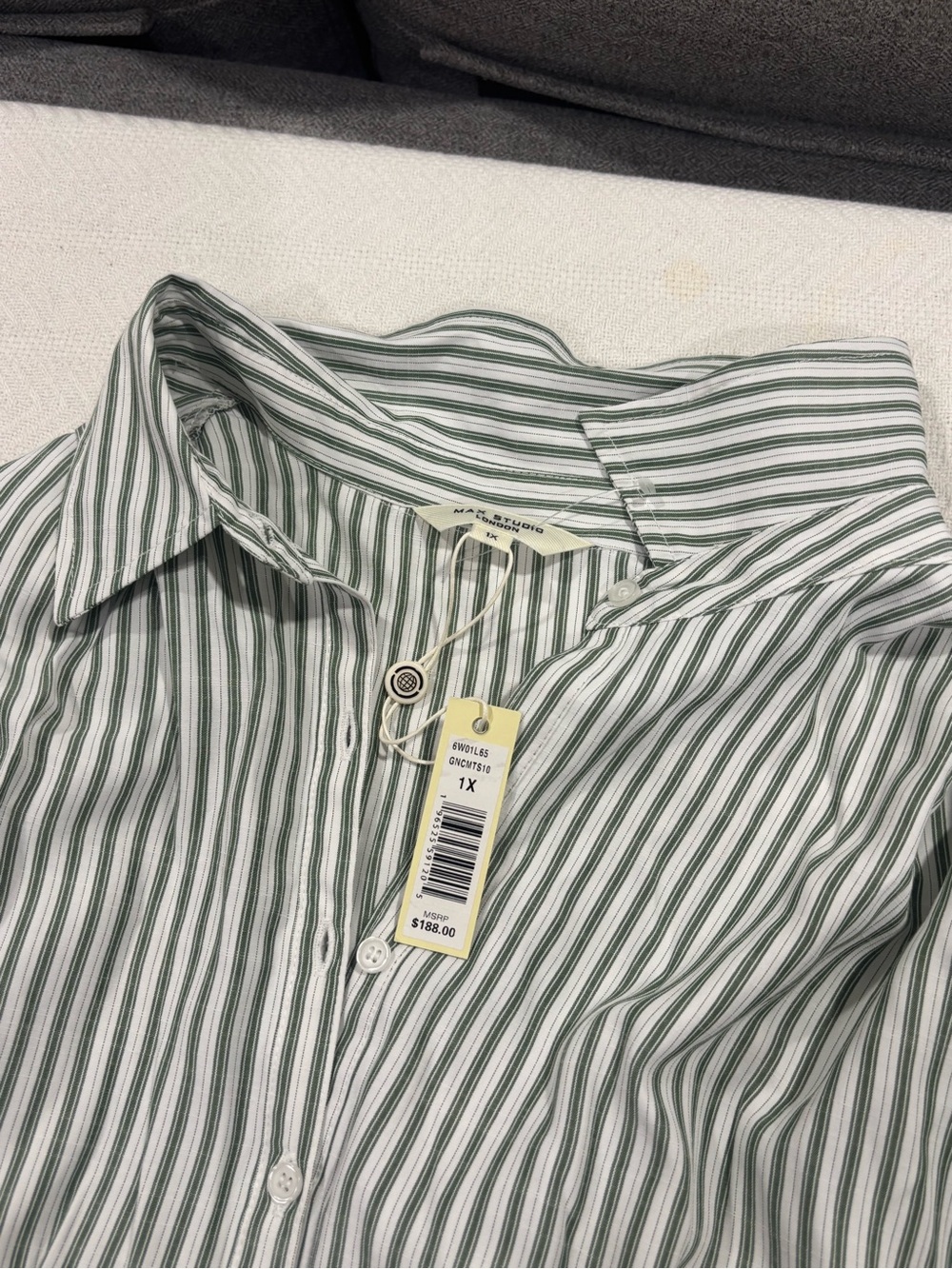 Max Studio White and Green Striped Long-Sleeve Midi Shirt Dress - Picture 4 of 9